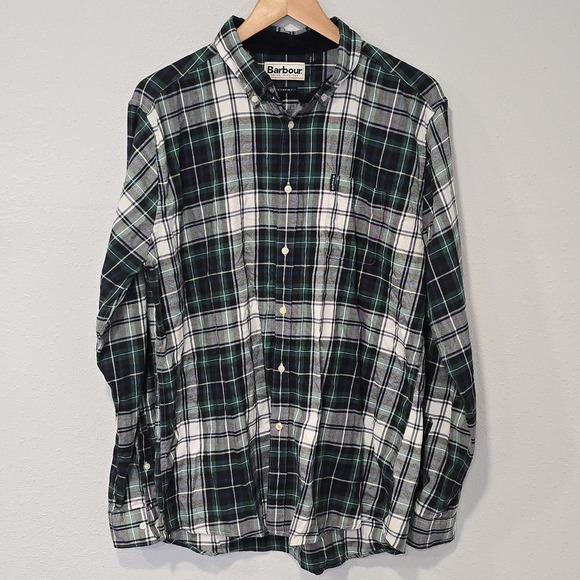 Barbour Highland Check 20 Tailored‎ Fit Shirt Green Navy Plaid Size L 23x30 - Picture 1 of 8